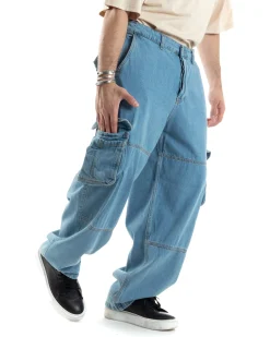 Pantaloni Uomo Cargo Tasconi Jeans Baggy Carpenter Oversize Denim Fondo Largo Ampio GIOSAL-JS1028A