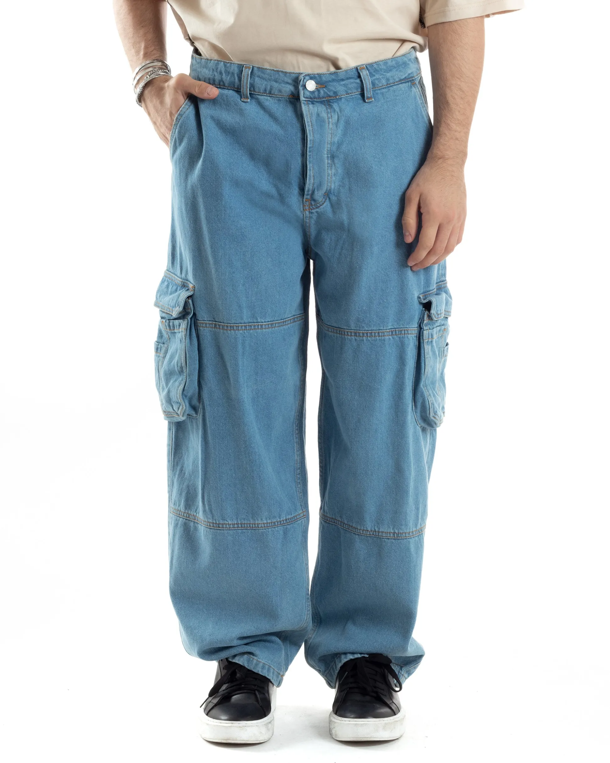 Pantaloni Uomo Cargo Tasconi Jeans Baggy Carpenter Oversize Denim Fondo Largo Ampio GIOSAL-JS1028A