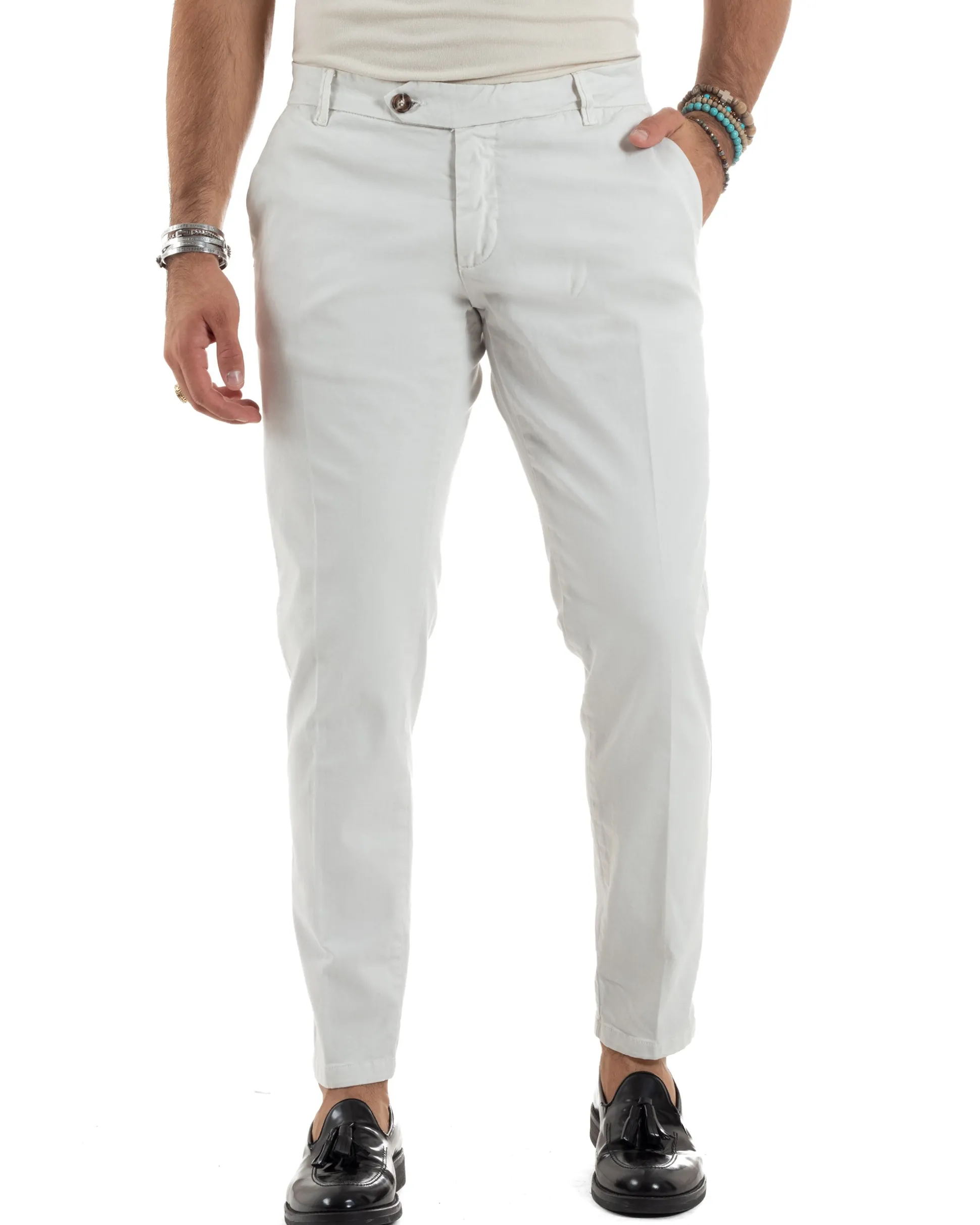 Pantaloni Uomo Chino Abbottonatura Allungata Tasche America Capri Cotone Estivo Slim Bianco BlackSunday P6235A