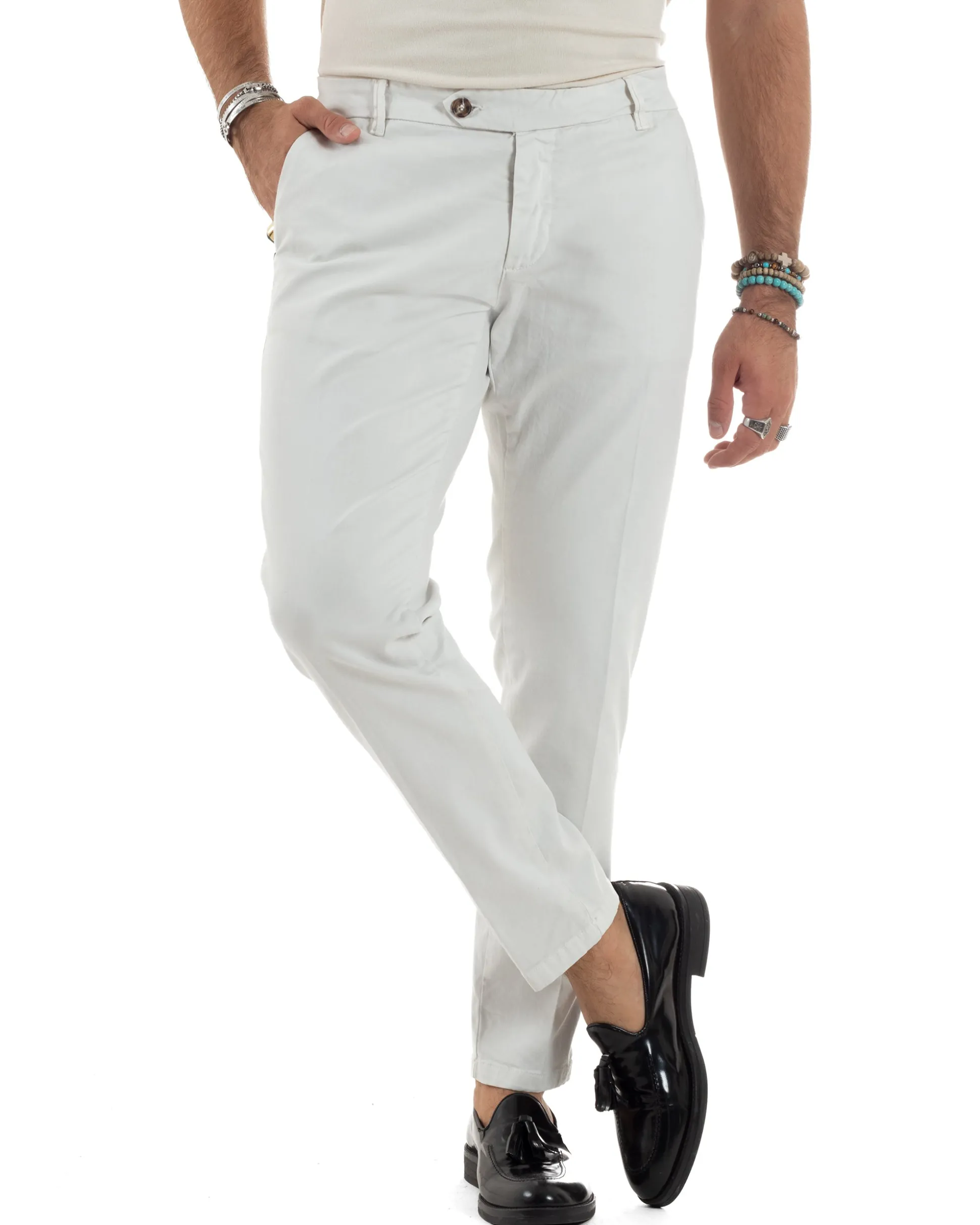 Pantaloni Uomo Chino Abbottonatura Allungata Tasche America Capri Cotone Estivo Slim Bianco BlackSunday P6235A