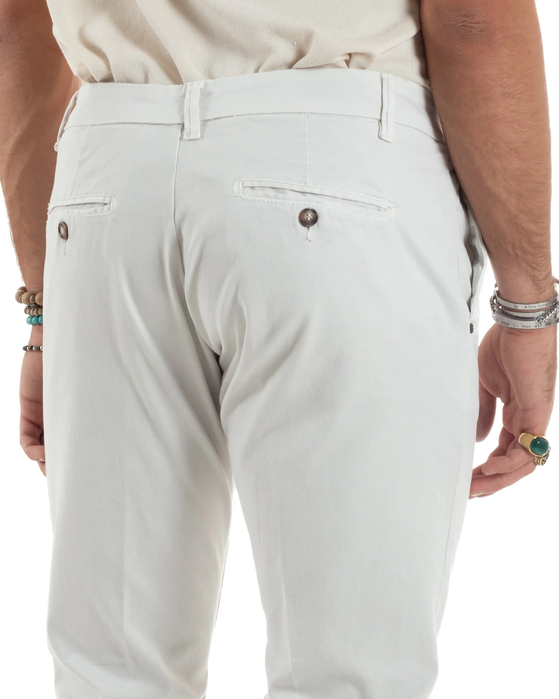 Pantaloni Uomo Chino Abbottonatura Allungata Tasche America Capri Cotone Estivo Slim Bianco BlackSunday P6235A