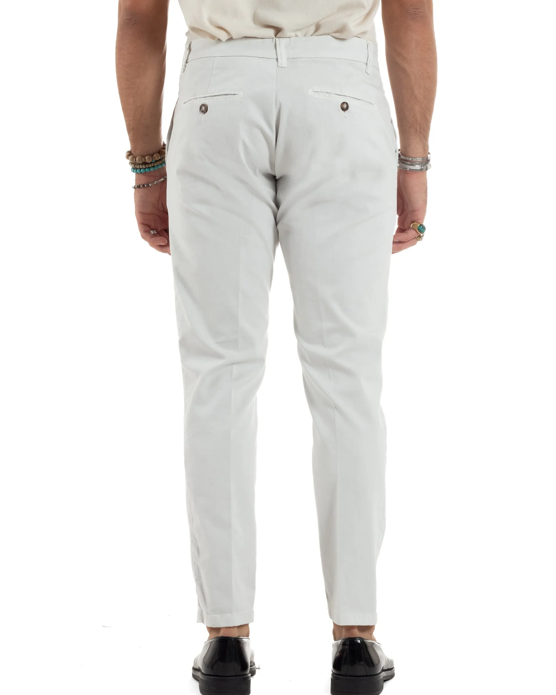 Pantaloni Uomo Chino Abbottonatura Allungata Tasche America Capri Cotone Estivo Slim Bianco BlackSunday P6235A