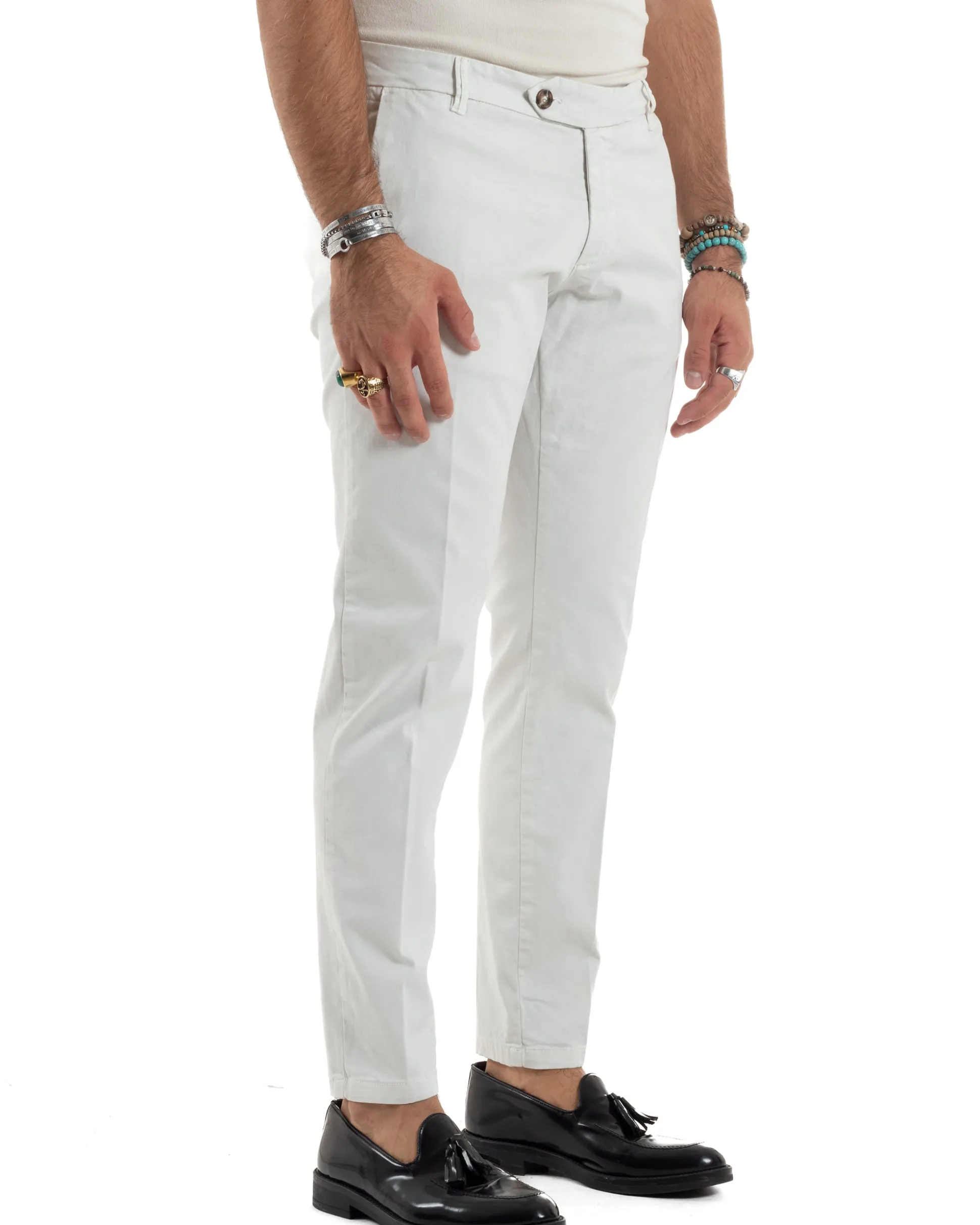 Pantaloni Uomo Chino Abbottonatura Allungata Tasche America Capri Cotone Estivo Slim Bianco BlackSunday P6235A