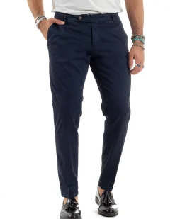 Pantaloni Uomo Chino Abbottonatura Allungata Tasche America Capri Cotone Estivo Slim Blu BlackSunday P6234A
