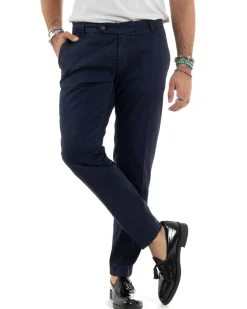 Pantaloni Uomo Chino Abbottonatura Allungata Tasche America Capri Cotone Estivo Slim Blu BlackSunday P6234A