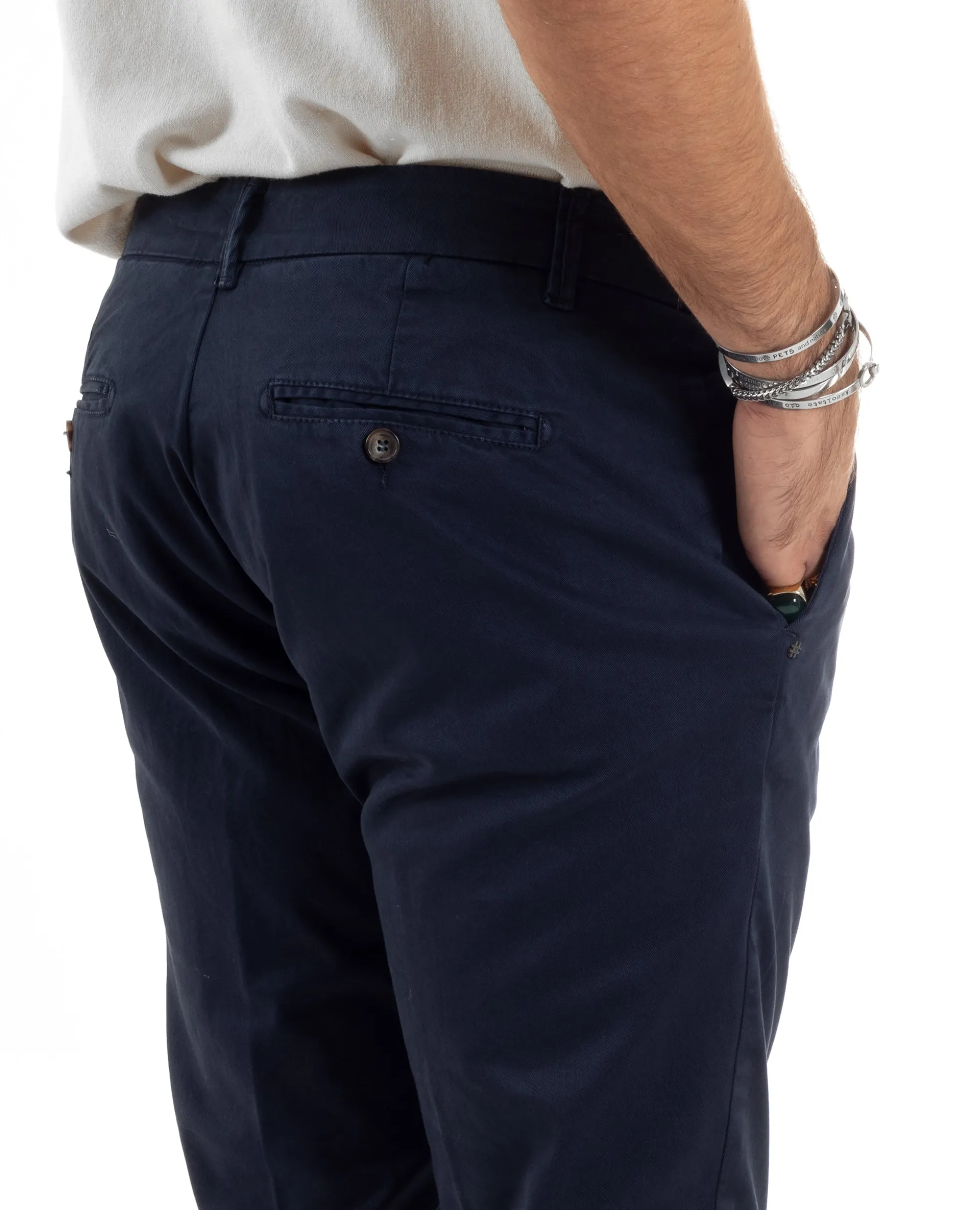 Pantaloni Uomo Chino Abbottonatura Allungata Tasche America Capri Cotone Estivo Slim Blu BlackSunday P6234A