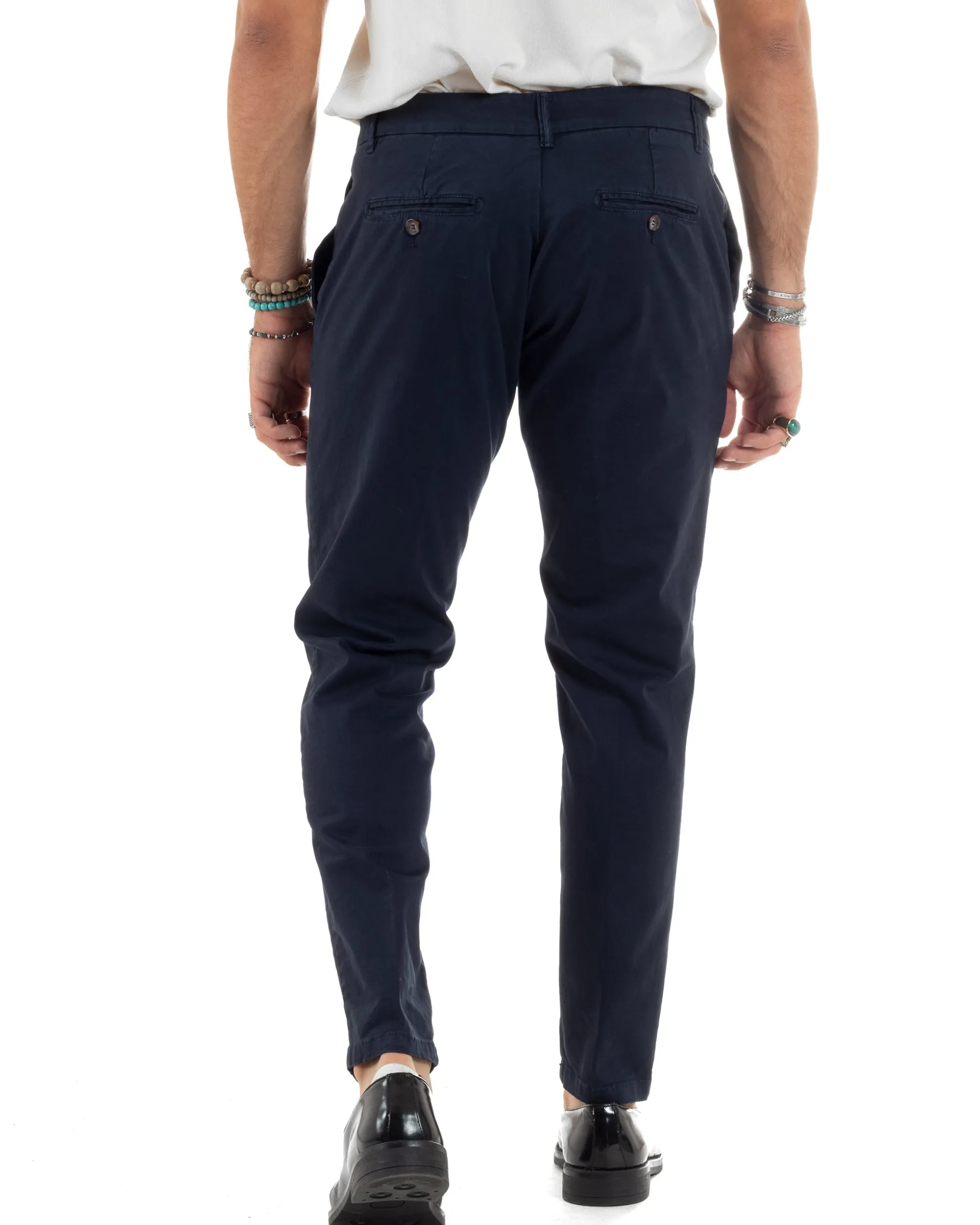 Pantaloni Uomo Chino Abbottonatura Allungata Tasche America Capri Cotone Estivo Slim Blu BlackSunday P6234A