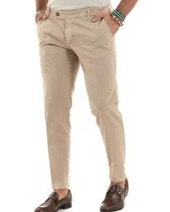 Pantaloni Uomo Chino Abbottonatura Allungata Tasche America Capri Cotone Estivo Slim Beige BlackSunday P6233A