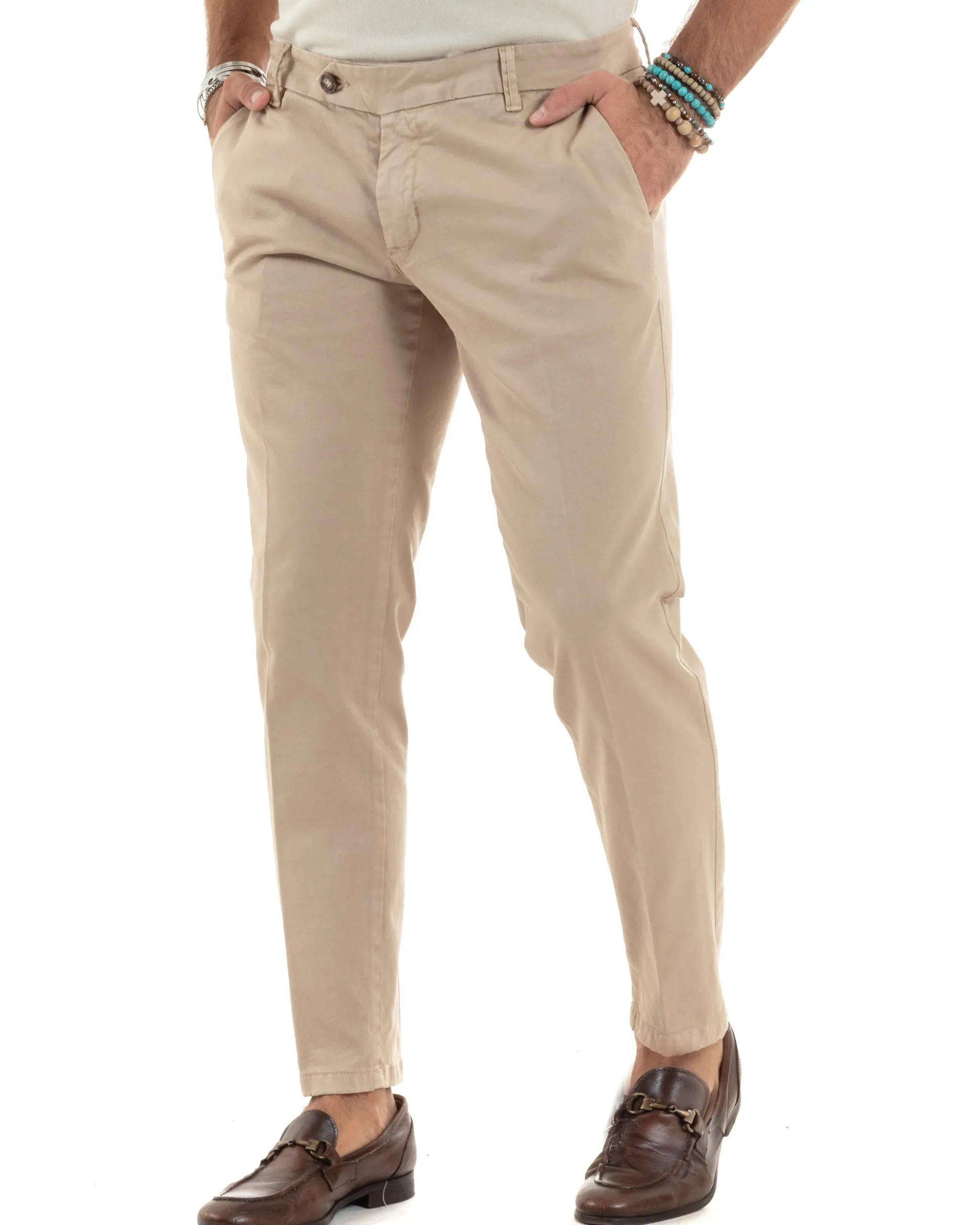 Pantaloni Uomo Chino Abbottonatura Allungata Tasche America Capri Cotone Estivo Slim Beige BlackSunday P6233A