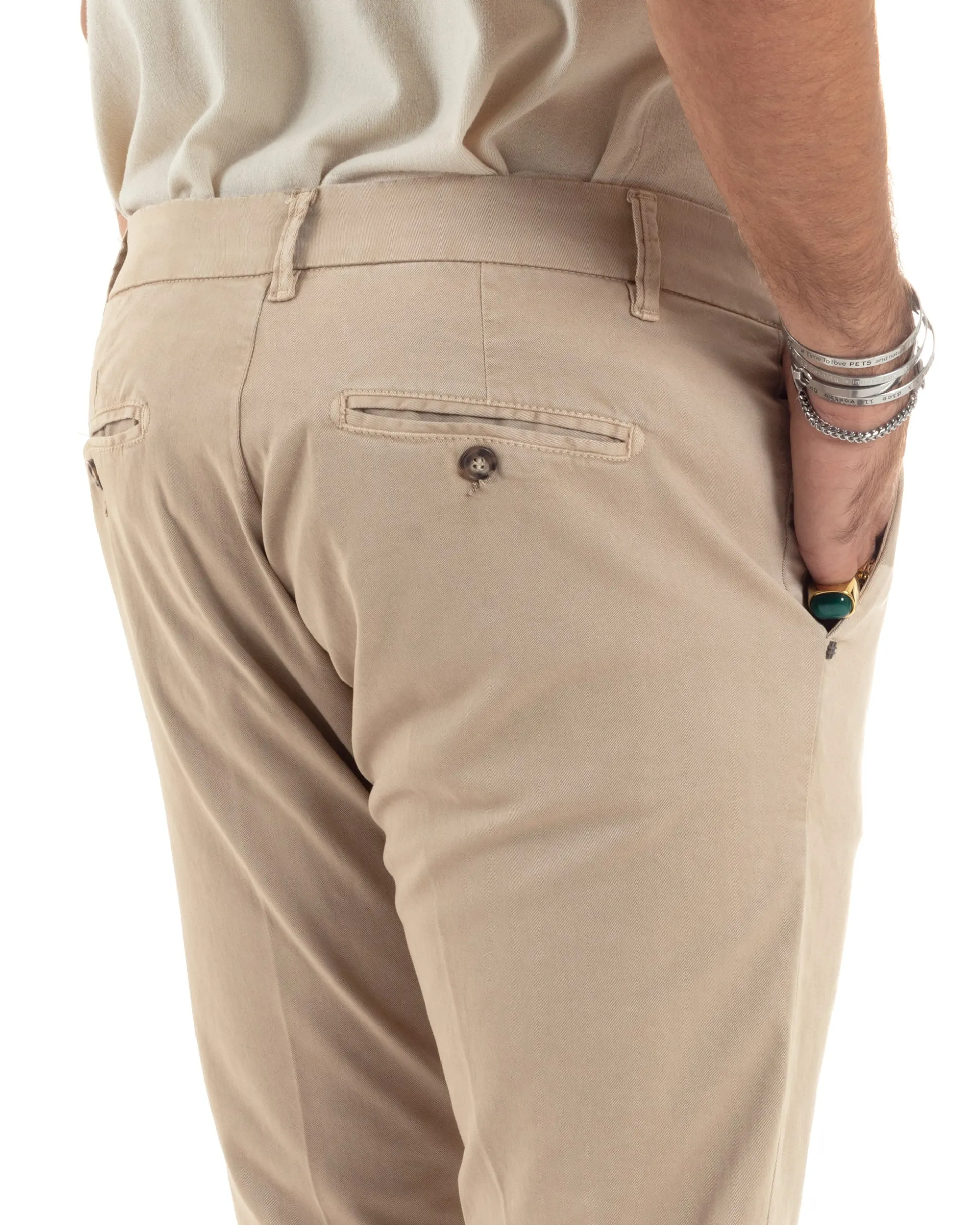 Pantaloni Uomo Chino Abbottonatura Allungata Tasche America Capri Cotone Estivo Slim Beige BlackSunday P6233A