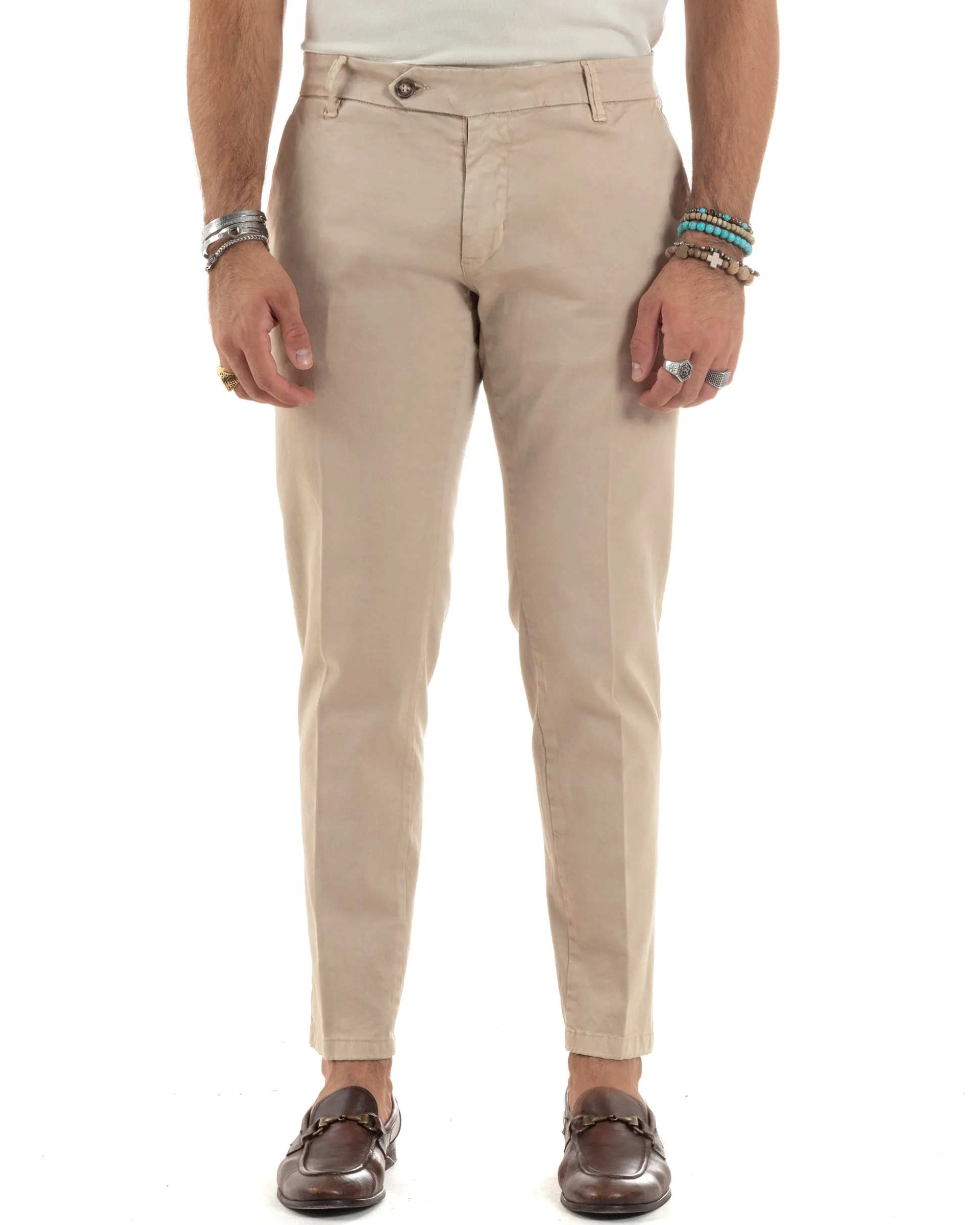 Pantaloni Uomo Chino Abbottonatura Allungata Tasche America Capri Cotone Estivo Slim Beige BlackSunday P6233A