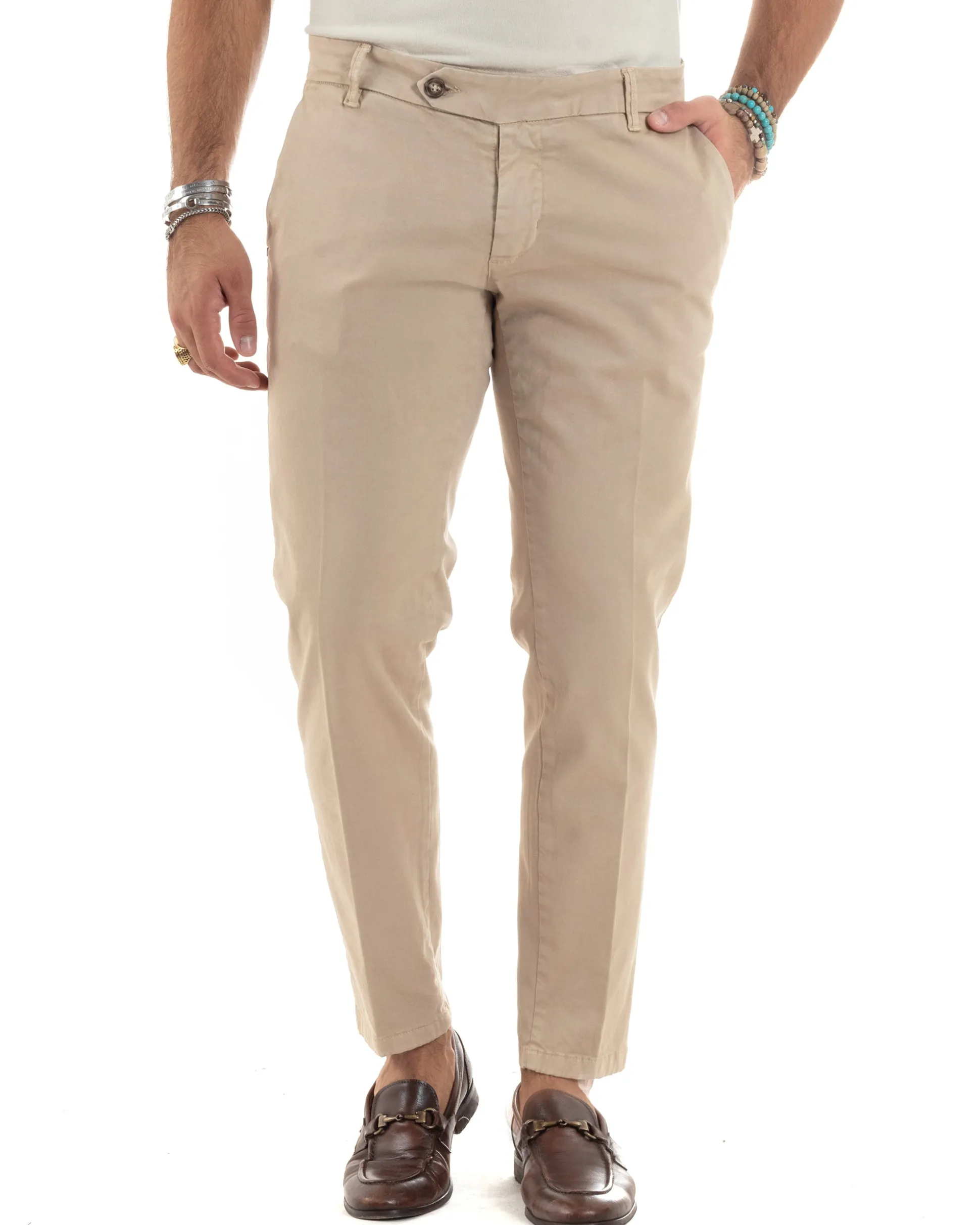 Pantaloni Uomo Chino Abbottonatura Allungata Tasche America Capri Cotone Estivo Slim Beige BlackSunday P6233A