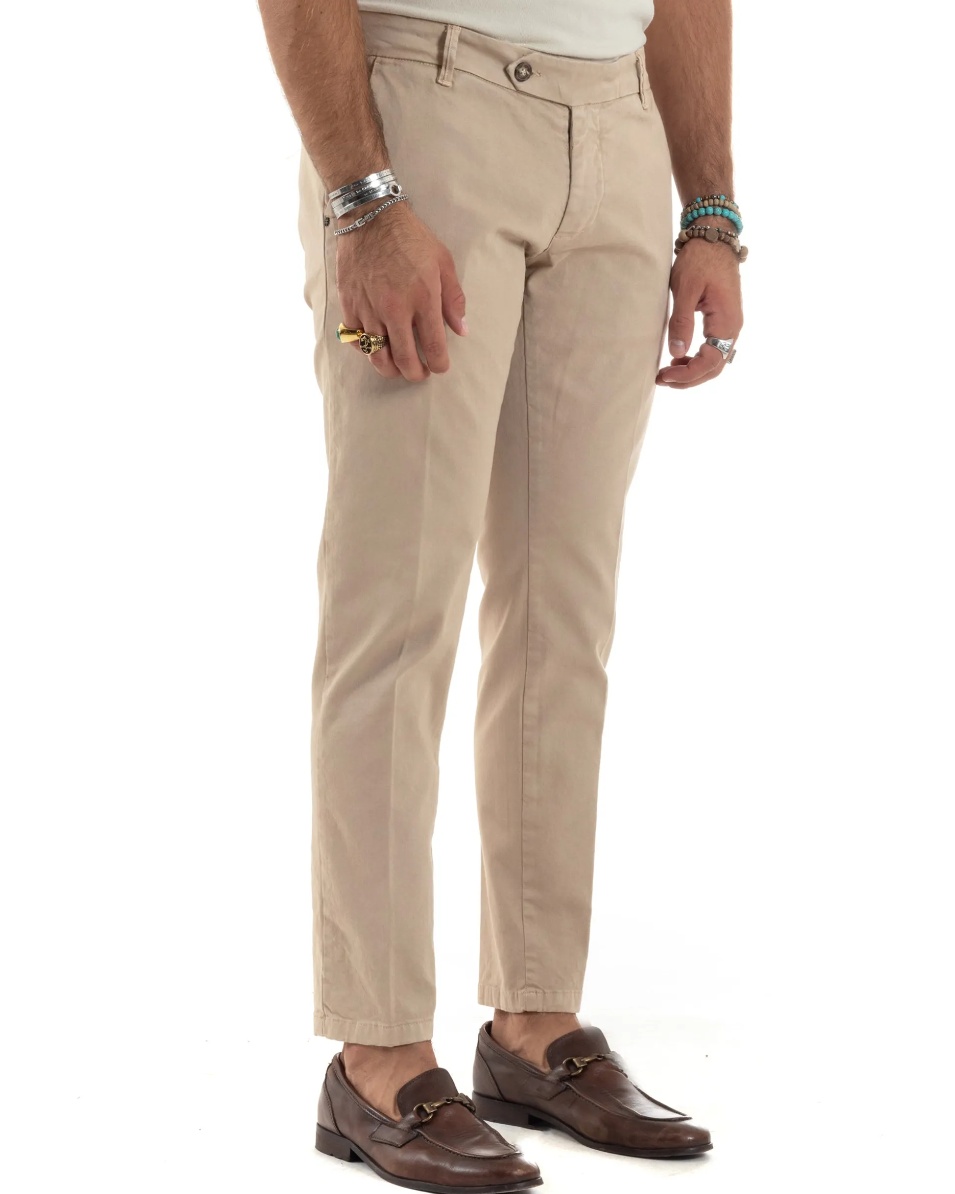 Pantaloni Uomo Chino Abbottonatura Allungata Tasche America Capri Cotone Estivo Slim Beige BlackSunday P6233A