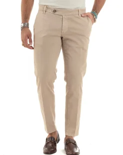 Pantaloni Uomo Chino Abbottonatura Allungata Tasche America Capri Cotone Estivo Slim Beige BlackSunday P6233A