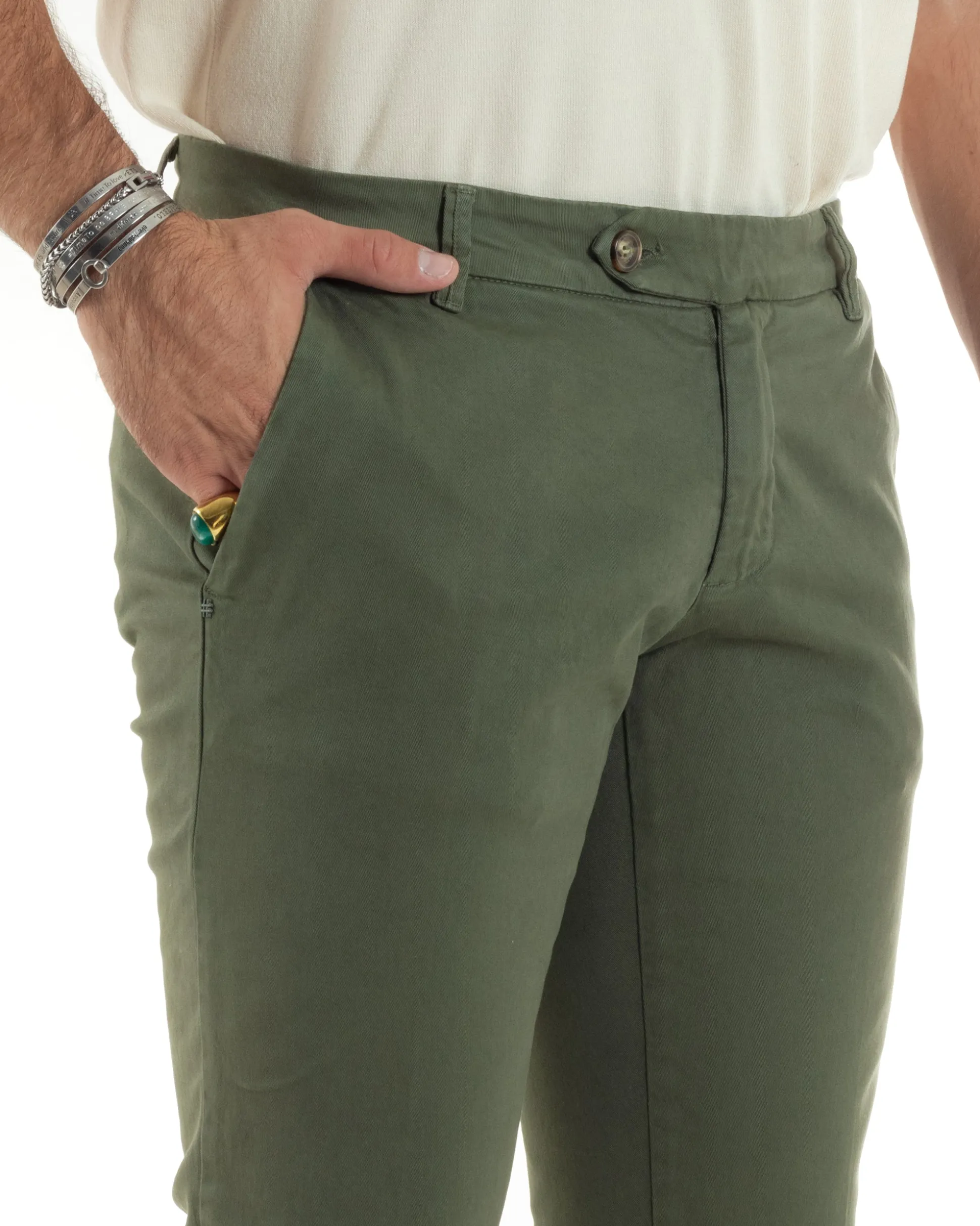 Pantaloni Uomo Chino Abbottonatura Allungata Tasche America Capri Cotone Estivo Slim Verde BlackSunday P6232A