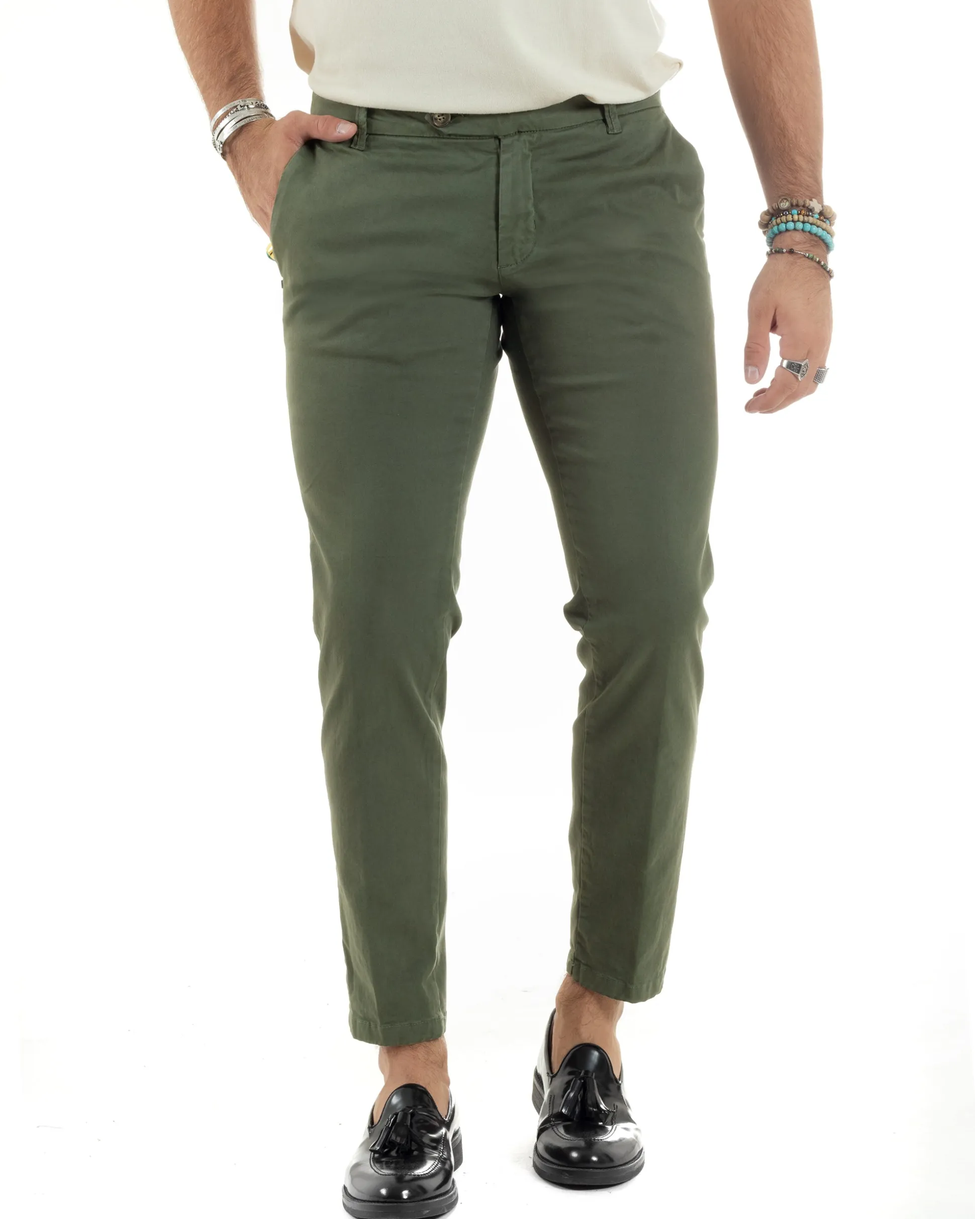 Pantaloni Uomo Chino Abbottonatura Allungata Tasche America Capri Cotone Estivo Slim Verde BlackSunday P6232A