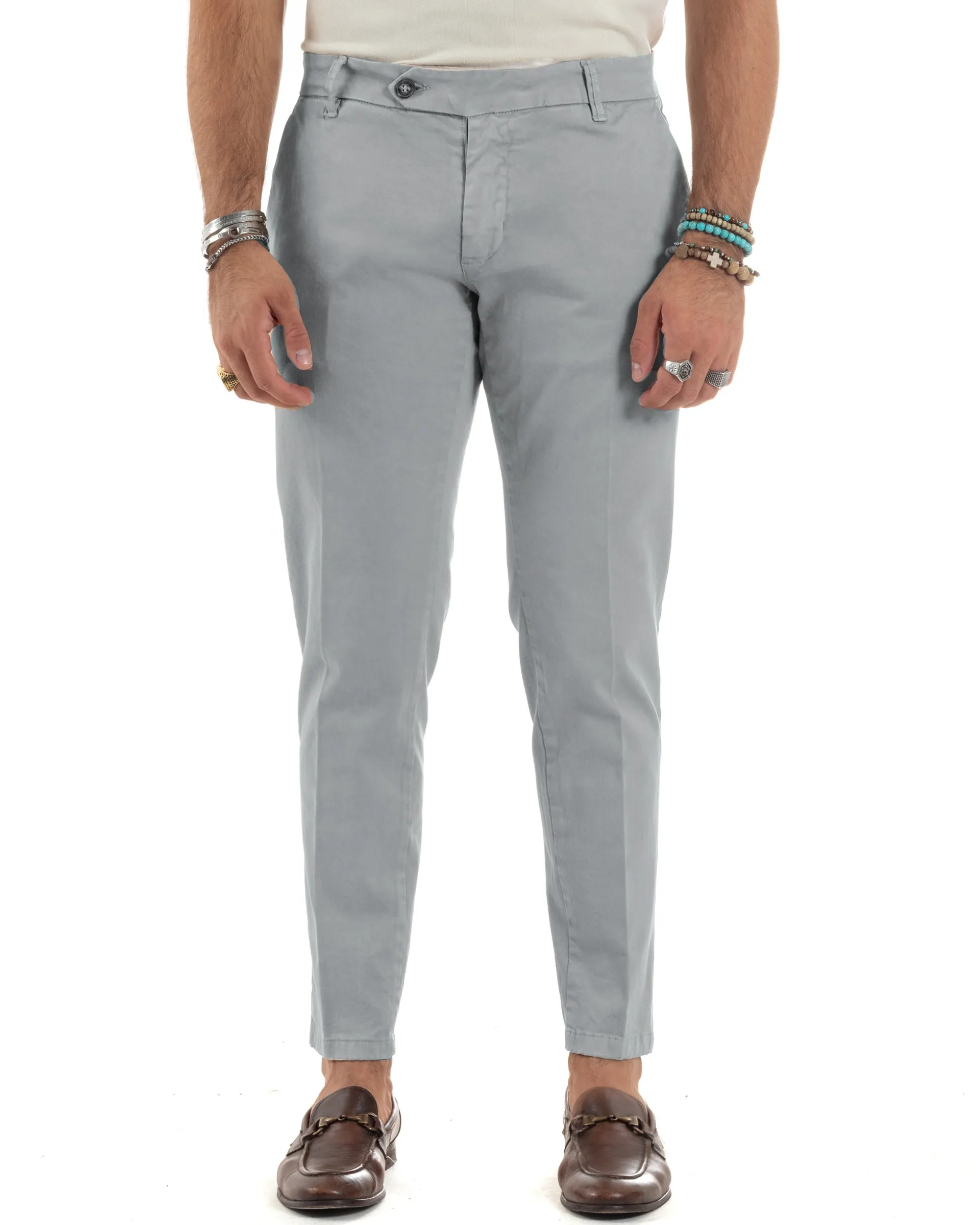 Pantaloni Uomo Chino Abbottonatura Allungata Tasche America Capri Cotone Estivo Slim Grigio BlackSunday P6231A