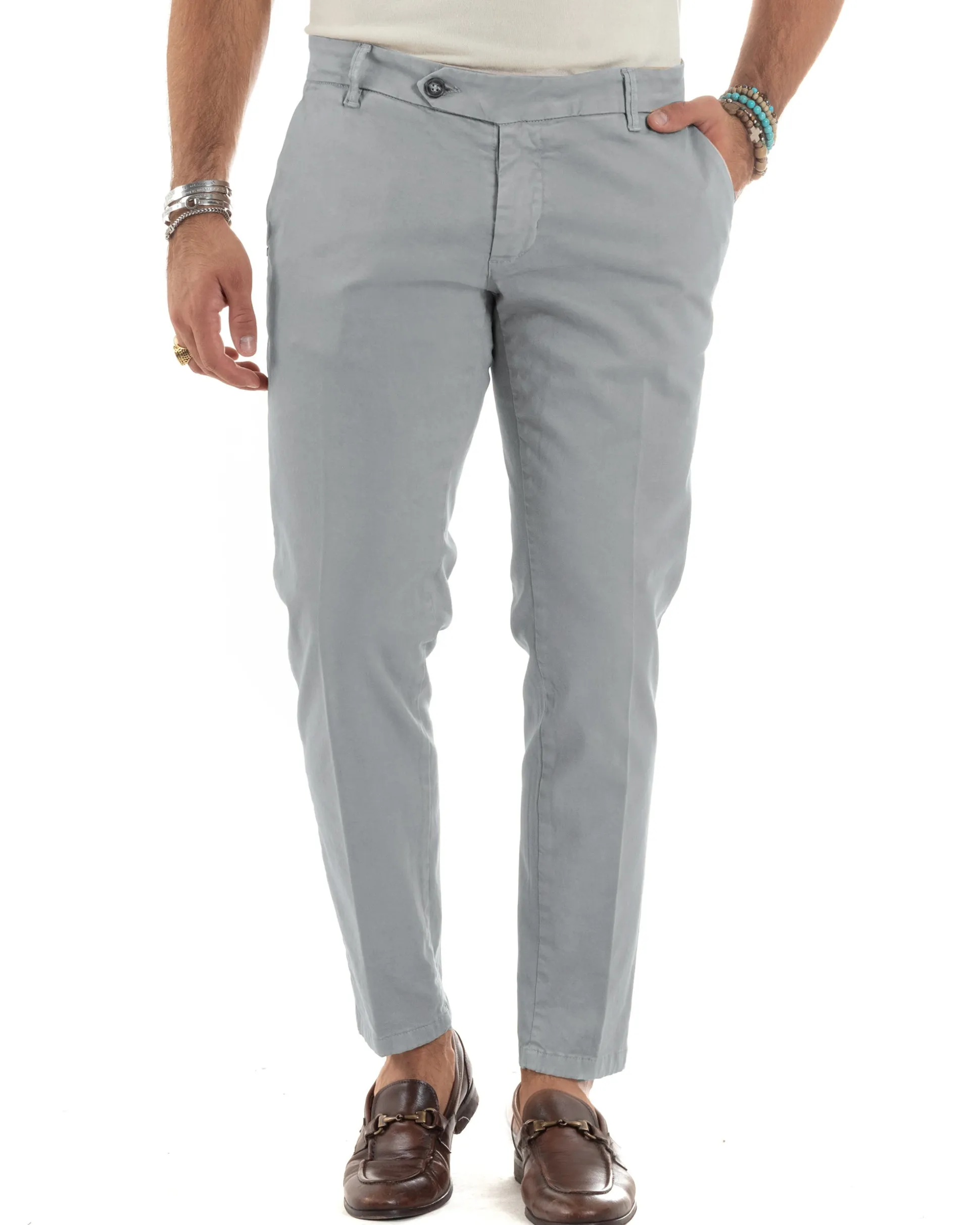 Pantaloni Uomo Chino Abbottonatura Allungata Tasche America Capri Cotone Estivo Slim Grigio BlackSunday P6231A