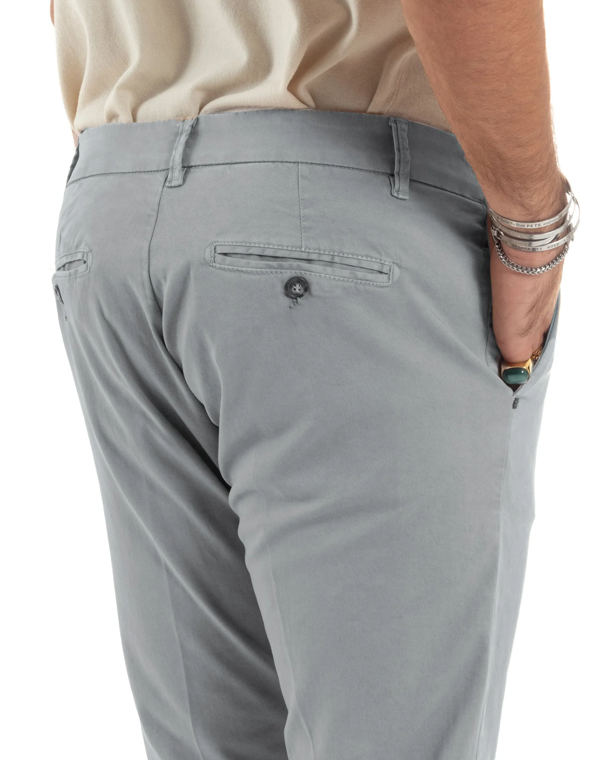 Pantaloni Uomo Chino Abbottonatura Allungata Tasche America Capri Cotone Estivo Slim Grigio BlackSunday P6231A
