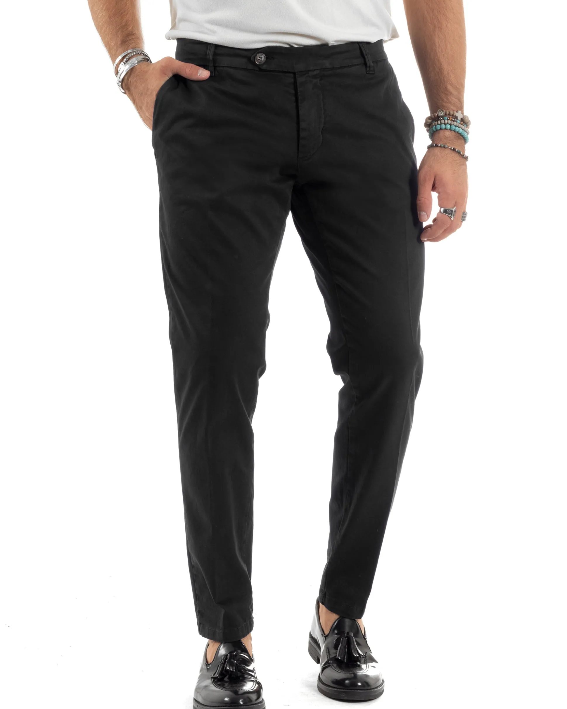 Pantaloni Uomo Chino Abbottonatura Allungata Tasche America Capri Cotone Estivo Slim Nero BlackSunday P6230A