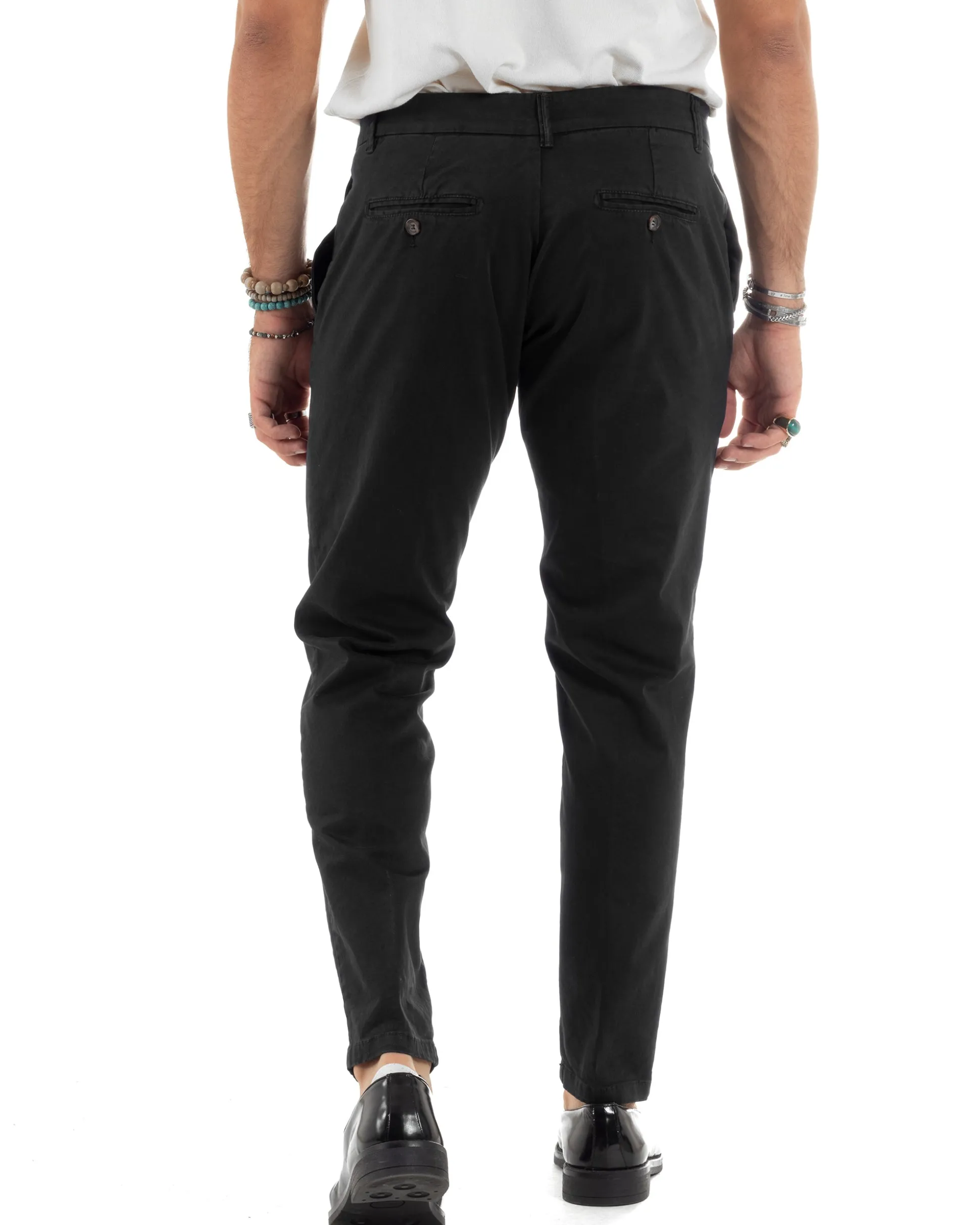 Pantaloni Uomo Chino Abbottonatura Allungata Tasche America Capri Cotone Estivo Slim Nero BlackSunday P6230A