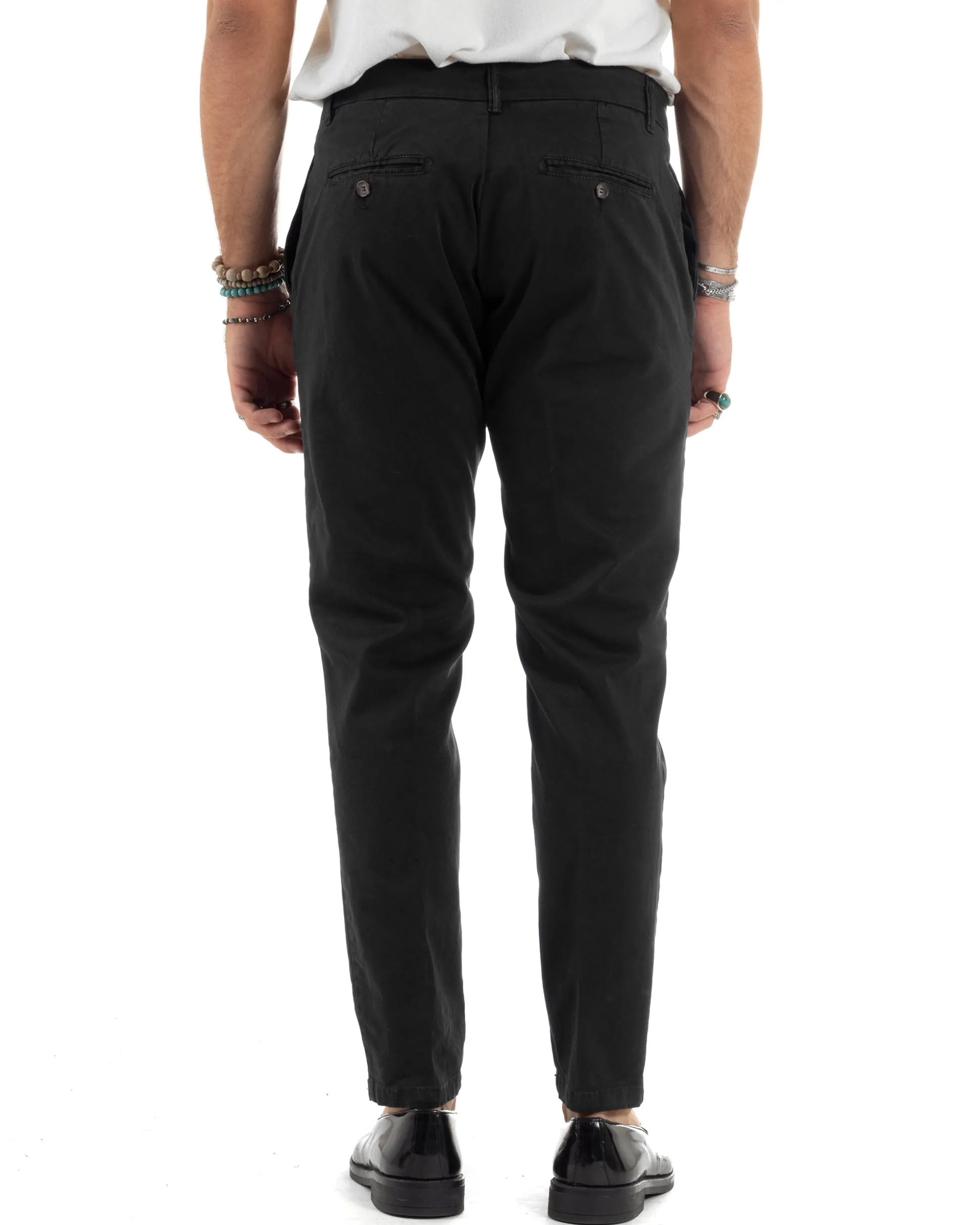 Pantaloni Uomo Chino Abbottonatura Allungata Tasche America Capri Cotone Estivo Slim Nero BlackSunday P6230A