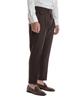 Pantaloni Uomo Classico Con Pinces Vita Alta Gurkha Pants Abbottonatura Allungata Fibbie Viscosa Estivo Casual Marrone GIOSAL-P6273A