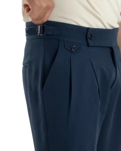 Pantaloni Uomo Classico Con Pinces Vita Alta Gurkha Pants Abbottonatura Allungata Fibbie Viscosa Estivo Casual Blu GIOSAL-P6272A