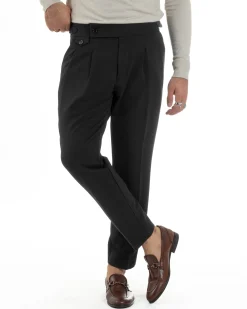 Pantaloni Uomo Classico Con Pinces Viscosa Vita Alta Gurkha Pants Fibbie Nero P6370A