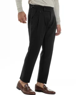 Pantaloni Uomo Classico Con Pinces Viscosa Vita Alta Gurkha Pants Fibbie Nero P6370A