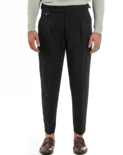 Pantaloni Uomo Classico Con Pinces Viscosa Vita Alta Gurkha Pants Fibbie Nero P6370A