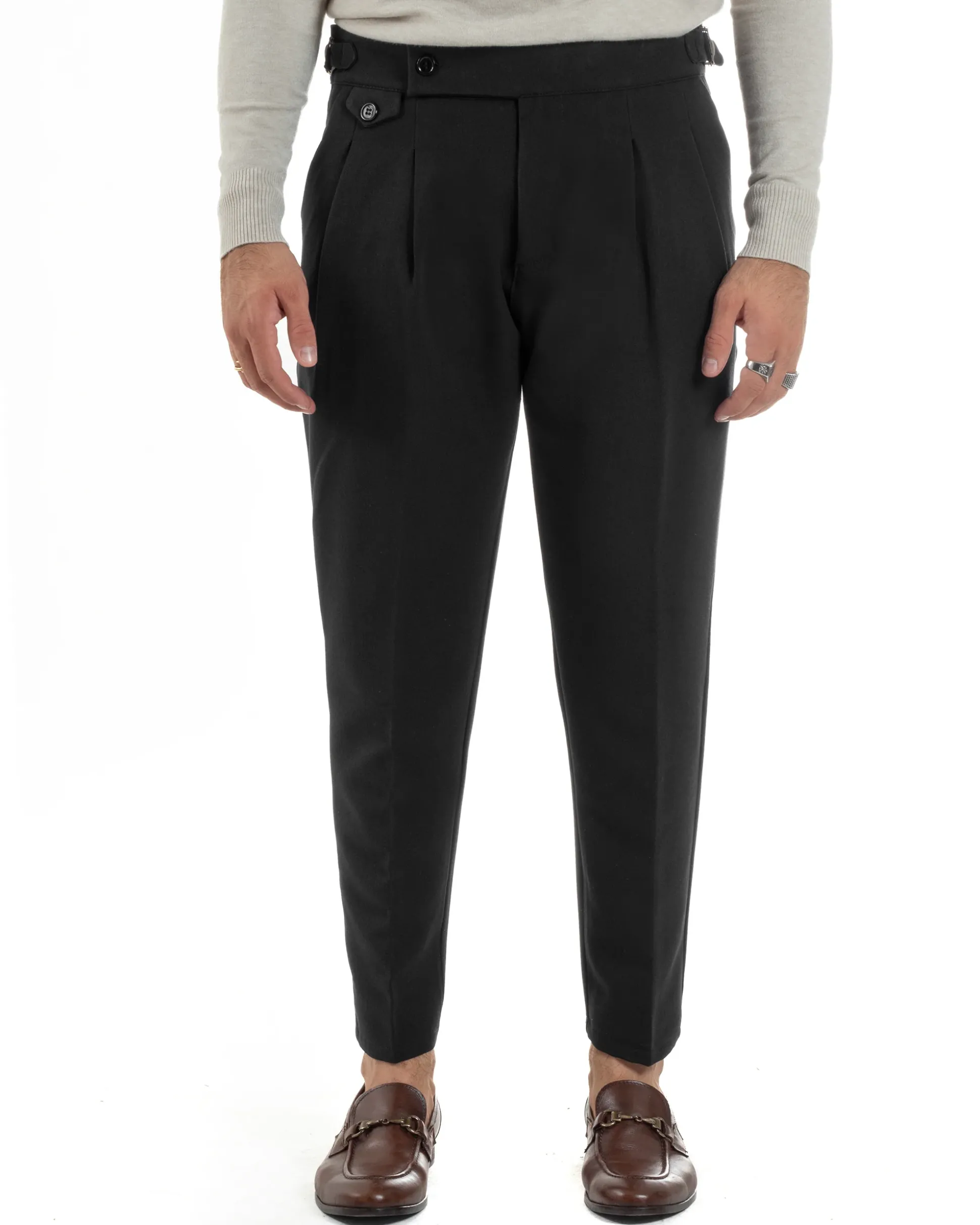 Pantaloni Uomo Classico Con Pinces Viscosa Vita Alta Gurkha Pants Fibbie Nero P6370A