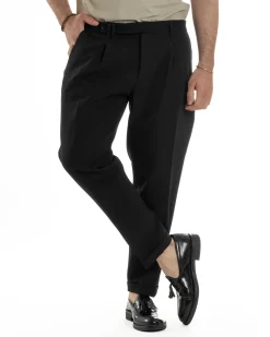 Pantaloni Uomo Classico Con Pinces Sartoriale Elegante Casual Abbottonatura Allungata Viscosa Estivo Nero GIOSAL-P6279A