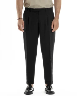 Pantaloni Uomo Classico Con Pinces Sartoriale Elegante Casual Abbottonatura Allungata Viscosa Estivo Nero GIOSAL-P6279A