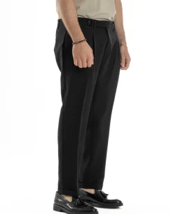 Pantaloni Uomo Classico Con Pinces Sartoriale Elegante Casual Abbottonatura Allungata Viscosa Estivo Nero GIOSAL-P6279A