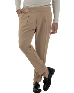 Pantaloni Uomo Classico Con Pinces Viscosa Vita Alta Gurkha Pants Fibbie Beige P6371A