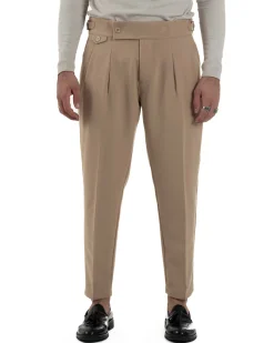 Pantaloni Uomo Classico Con Pinces Viscosa Vita Alta Gurkha Pants Fibbie Beige P6371A