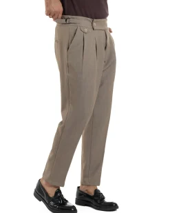 Pantaloni Uomo Classico Con Pinces Viscosa Vita Alta Gurkha Pants Fibbie Beige Melangiato P6368A