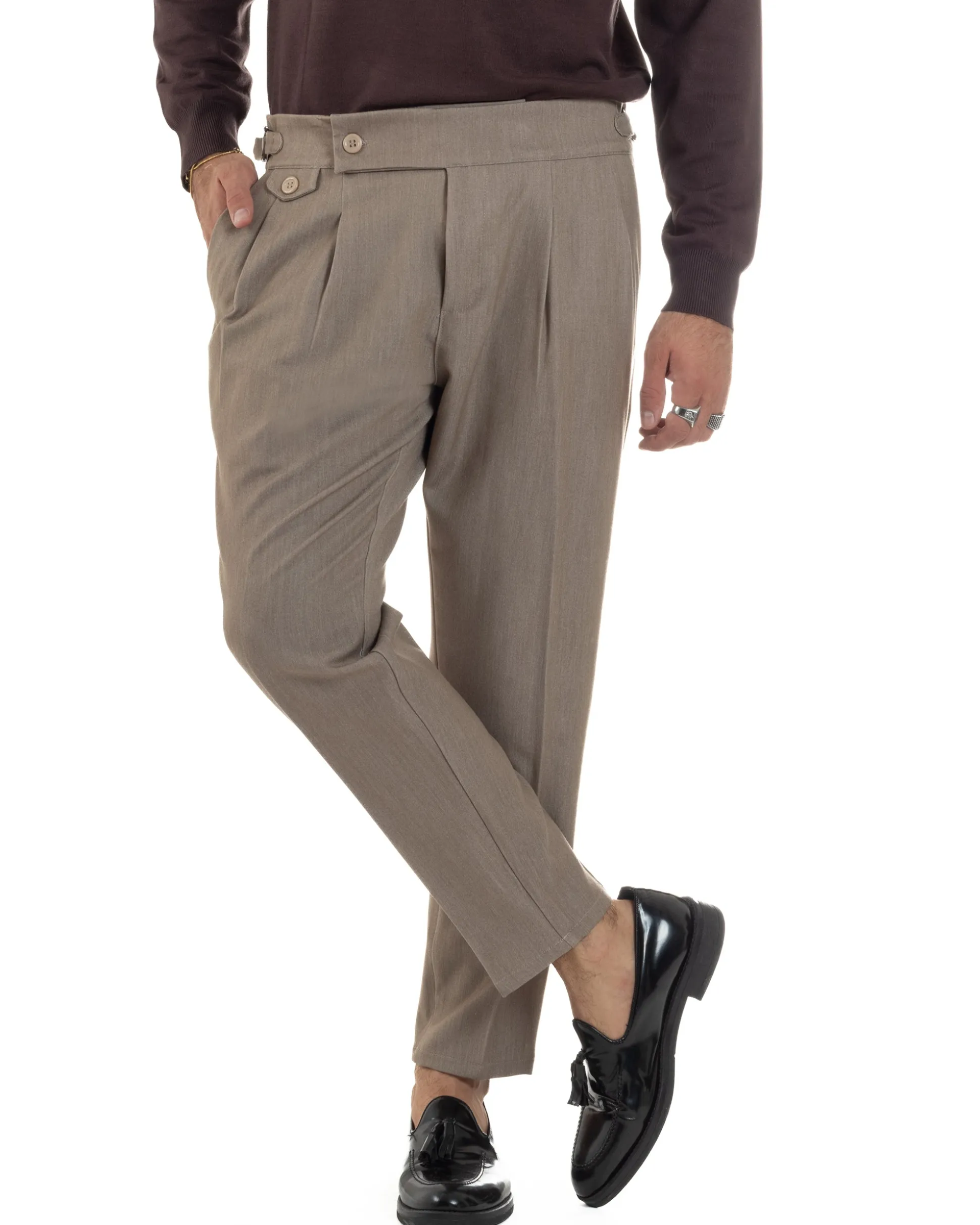 Pantaloni Uomo Classico Con Pinces Viscosa Vita Alta Gurkha Pants Fibbie Beige Melangiato P6368A