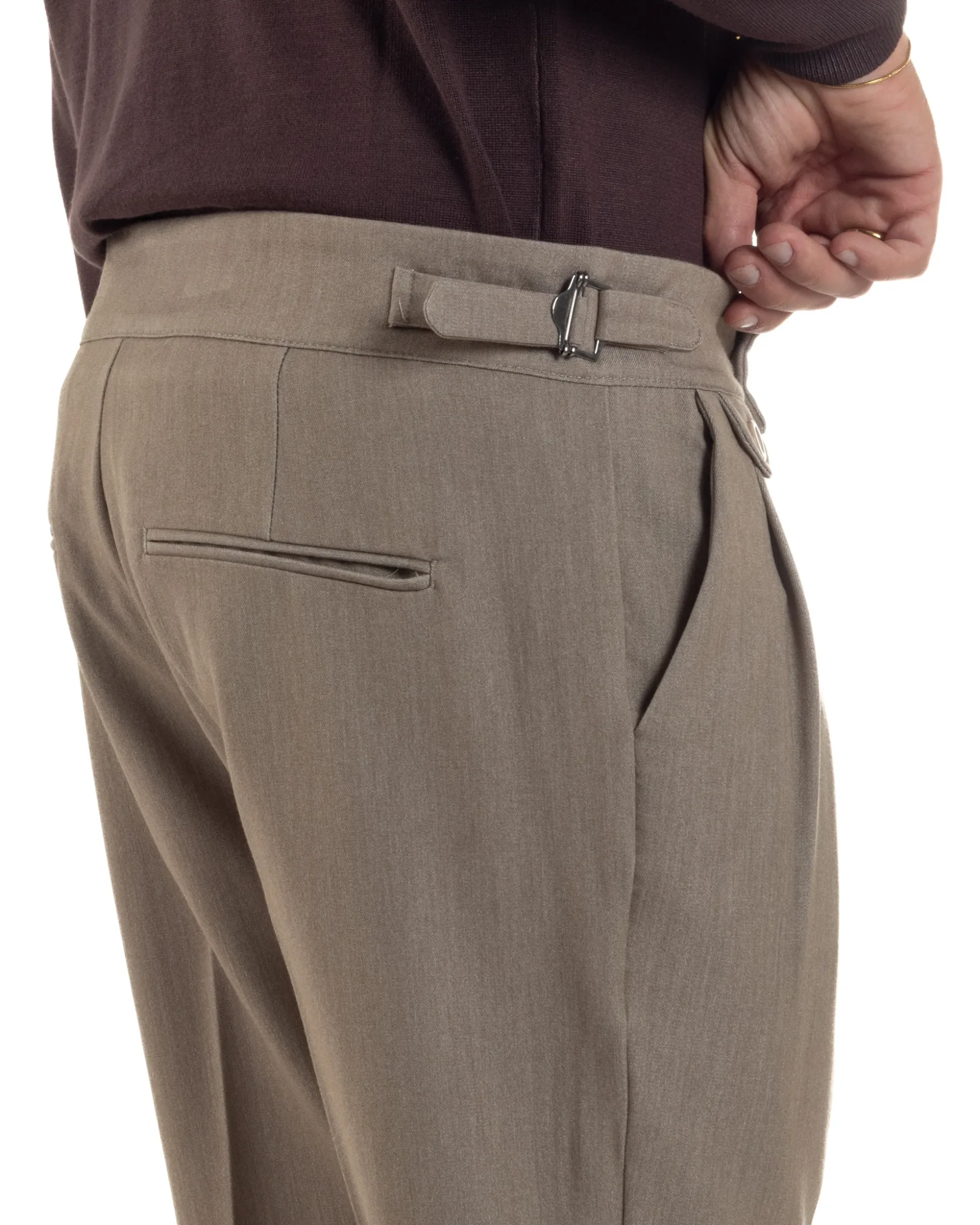 Pantaloni Uomo Classico Con Pinces Viscosa Vita Alta Gurkha Pants Fibbie Beige Melangiato P6368A