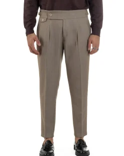 Pantaloni Uomo Classico Con Pinces Viscosa Vita Alta Gurkha Pants Fibbie Beige Melangiato P6368A