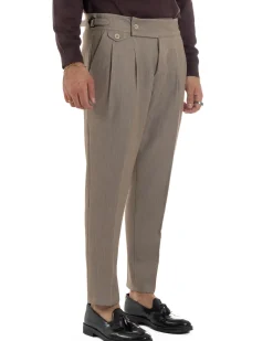 Pantaloni Uomo Classico Con Pinces Viscosa Vita Alta Gurkha Pants Fibbie Beige Melangiato P6368A