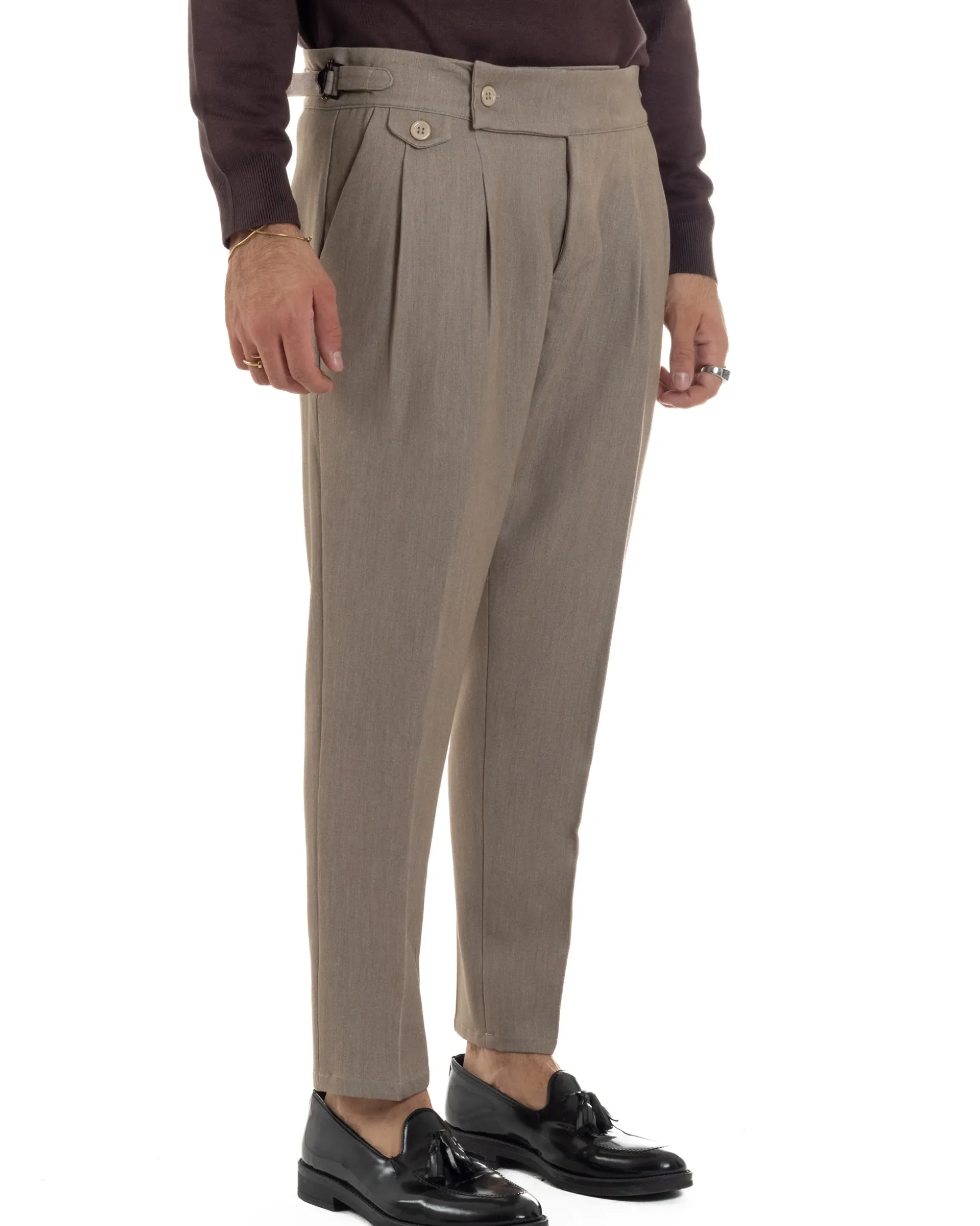 Pantaloni Uomo Classico Con Pinces Viscosa Vita Alta Gurkha Pants Fibbie Beige Melangiato P6368A