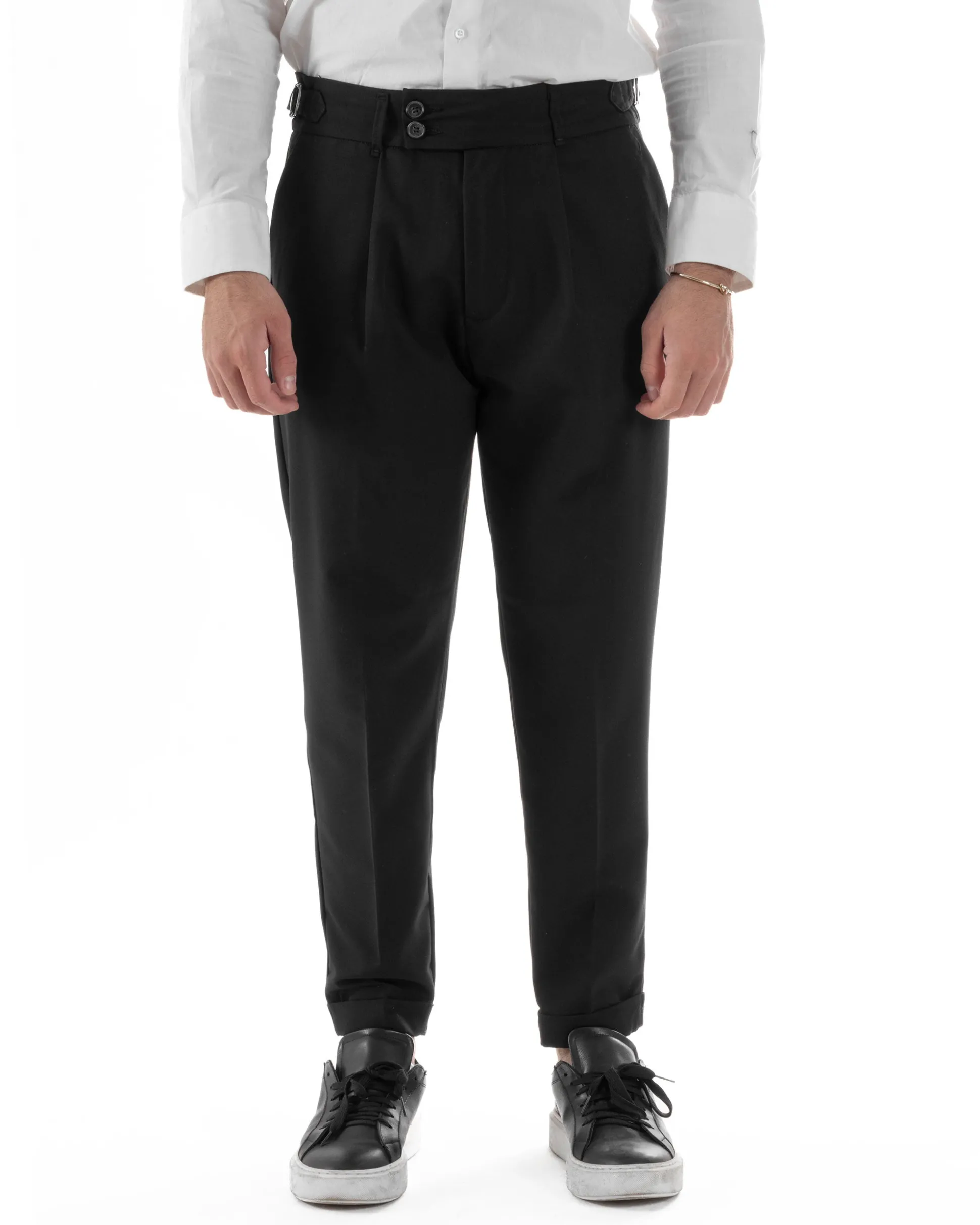 Pantaloni Uomo Classico Con Pinces Pants Abbottonatura Allungata Vita Alta Gurkha Fibbie Viscosa Casual Nero GIOSAL-P6285A