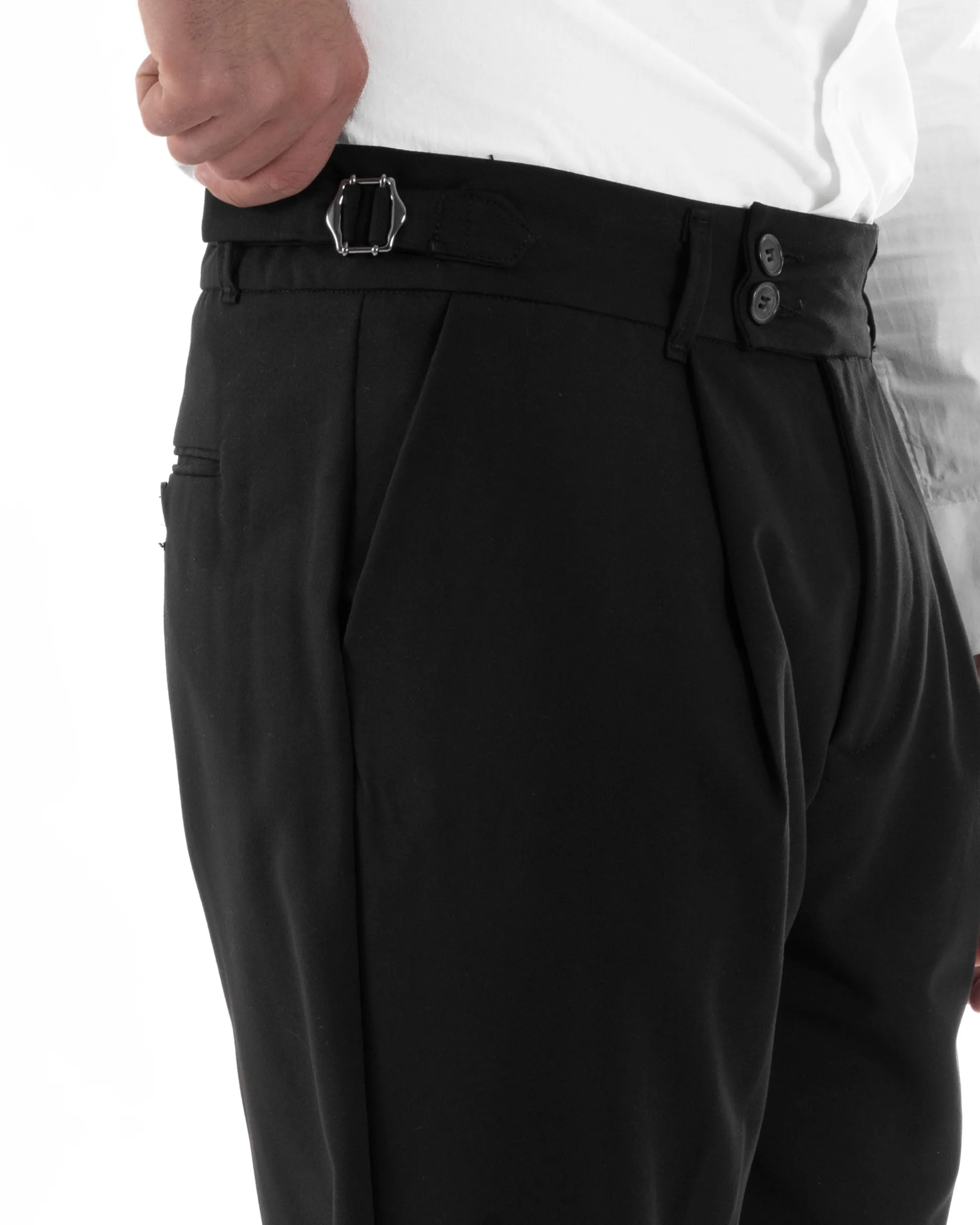 Pantaloni Uomo Classico Con Pinces Pants Abbottonatura Allungata Vita Alta Gurkha Fibbie Viscosa Casual Nero GIOSAL-P6285A