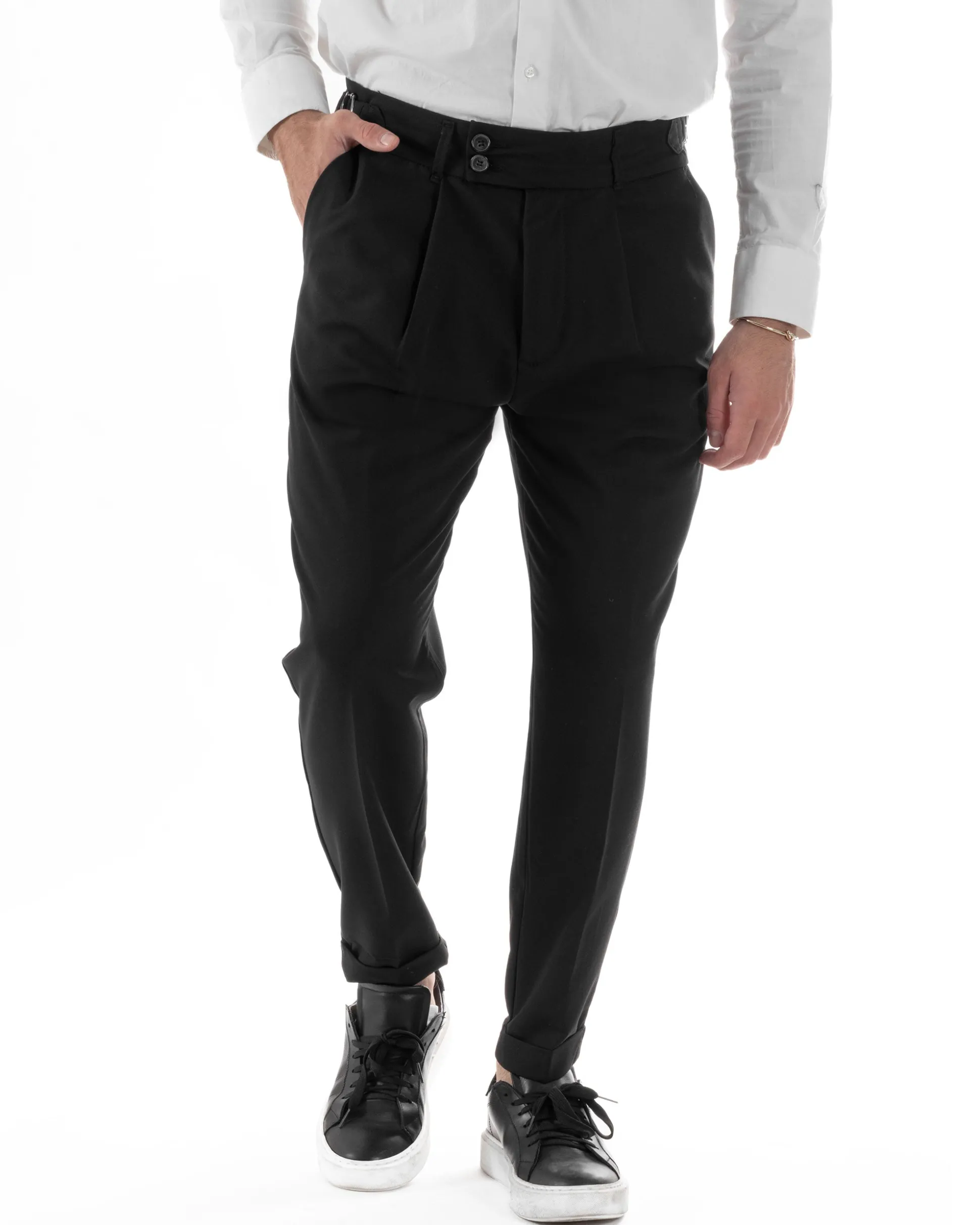 Pantaloni Uomo Classico Con Pinces Pants Abbottonatura Allungata Vita Alta Gurkha Fibbie Viscosa Casual Nero GIOSAL-P6285A