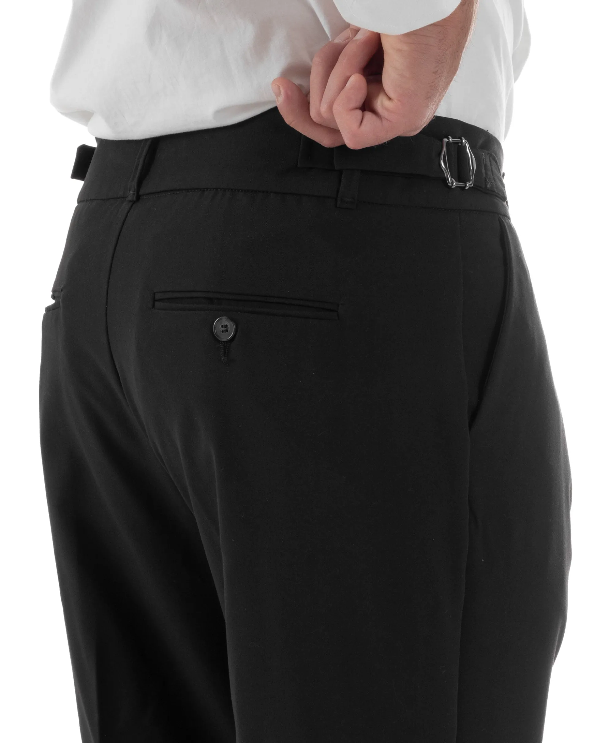 Pantaloni Uomo Classico Con Pinces Pants Abbottonatura Allungata Vita Alta Gurkha Fibbie Viscosa Casual Nero GIOSAL-P6285A