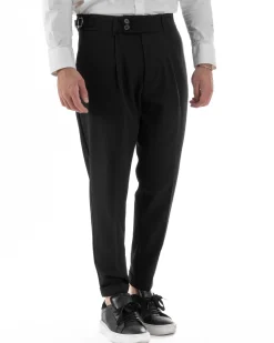 Pantaloni Uomo Classico Con Pinces Pants Abbottonatura Allungata Vita Alta Gurkha Fibbie Viscosa Casual Nero GIOSAL-P6285A