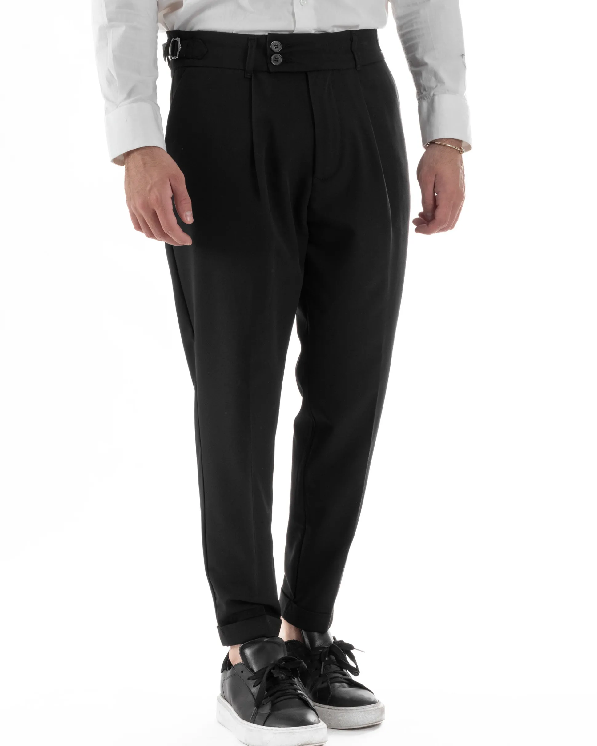 Pantaloni Uomo Classico Con Pinces Pants Abbottonatura Allungata Vita Alta Gurkha Fibbie Viscosa Casual Nero GIOSAL-P6285A