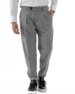 Pantaloni Uomo Classico Con Pinces Pants Abbottonatura Allungata Vita Alta Gurkha Fibbie Viscosa Casual Grigio GIOSAL-P6286A